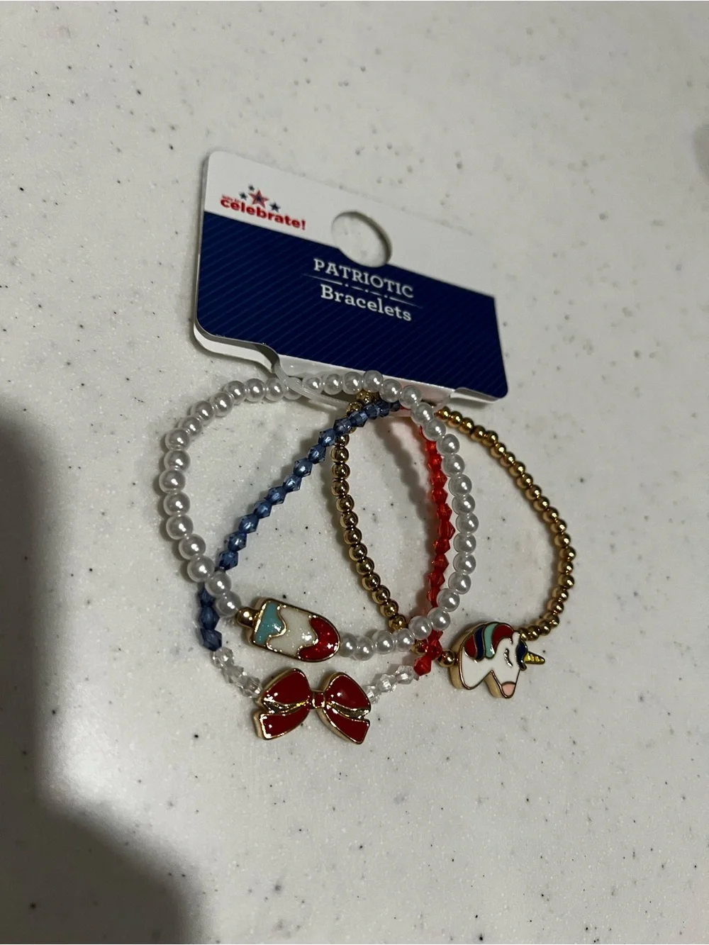 Patriotic Bracelets Kids 4-Pack — Red, Blue, White, Gold Charm Set